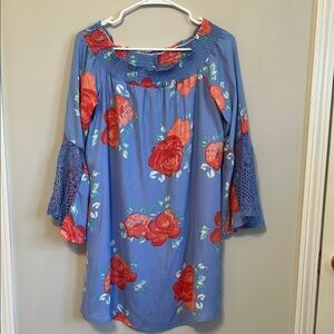 Sequin Hearts brand Blue floral print Ruffled Bell Sleeve Dress. Size Medium.
